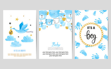 Baby shower boy cards set. Vector invitation birthday party card design