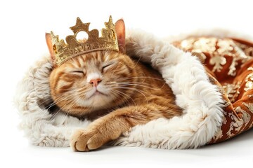 Naklejka premium Happy cat wearing Queen costumes, studio lighting, isolated on white background, stock photographic style