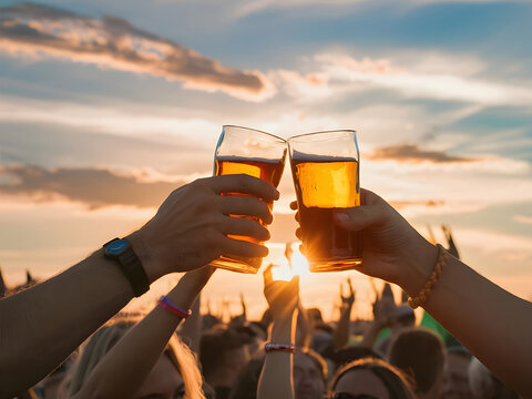 J&oacute;venes brindando con cerveza en un festival