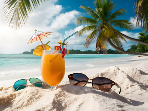 Bebida tropical y gafas para el sol en la playa