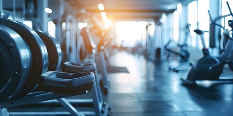 Gym room with diverse exercise equipment for full workouts and routines. Concept Aerobic Workouts, Strength Training, Cardio Exercises, Functional Fitness, Flexibility Training