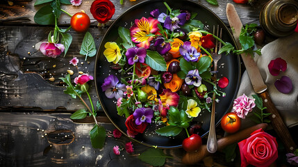 Naklejka premium A plantbased recipe using natural foods like vegetables and edible flowers, beautifully presented on tableware. Includes ingredients like roses, fruits, and fresh vegetables