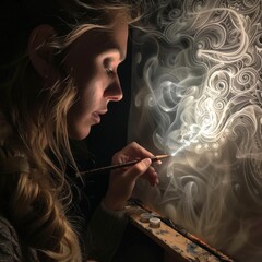 Obraz premium Blonde Artist painting Detailed Ethereal Portrait with Pencil Sketches in a spiritual Artistic Process
