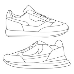 set of outline Cool Sneakers. Shoes sneaker outline drawing vector, Sneakers drawn in a sketch style.