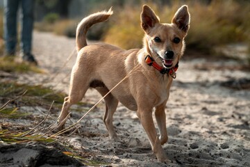 Small dog with a red collar standing on a sandy path in a natural outdoor setting