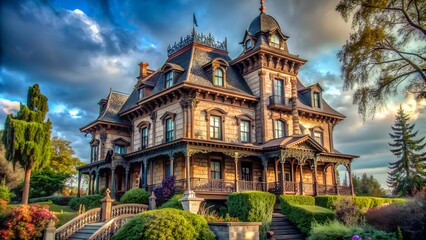 Naklejka premium Ornate Victorian Mansion with Turrets and Balconies