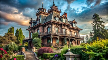 Naklejka premium Mysterious Victorian Mansion with Towering Facade and Lush Garden