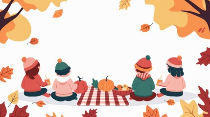 Cozy classroom picnic with seasonal foods, children in warm clothes, autumn leaves and pumpkins, joyful and festive scene
