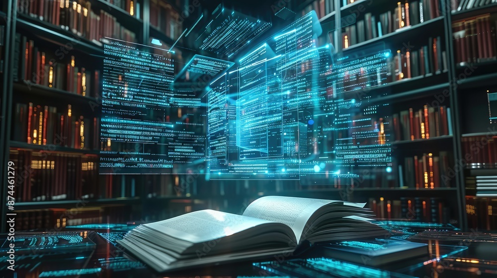 Poster digital library with floating books and holograms