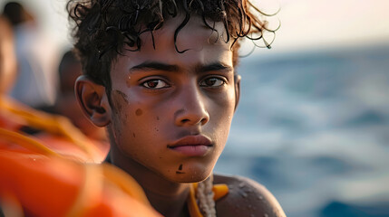North African youth take to the sea on a boat for illegal immigration. Concept Youth, North Africa, Sea, Illegal Immigration, Boat