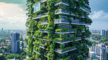 Eco-conscious skyscraper with vertical forest and renewable energy installations, vibrant green urban environment, no people, focus cover all object, deep dept of field