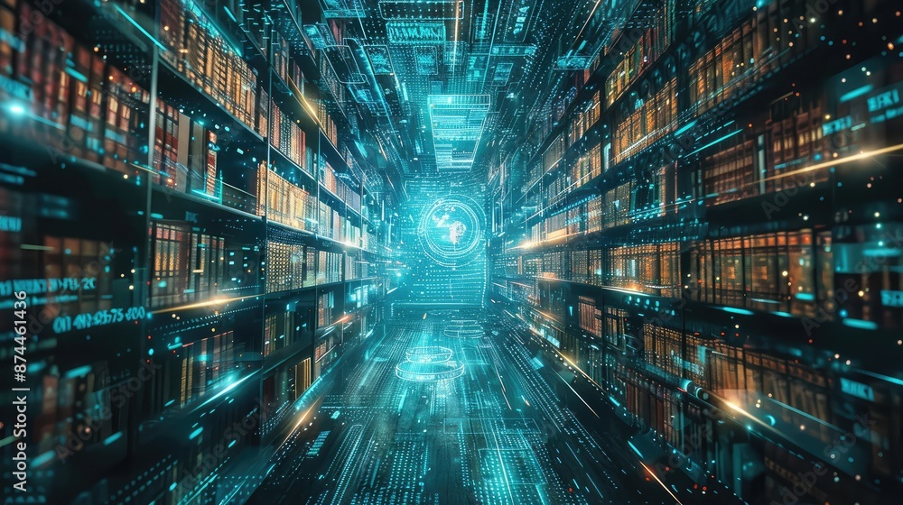 Poster digital library with floating books and holograms