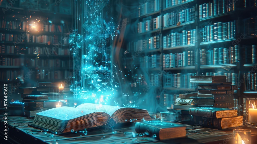 Poster digital library with floating books and holograms