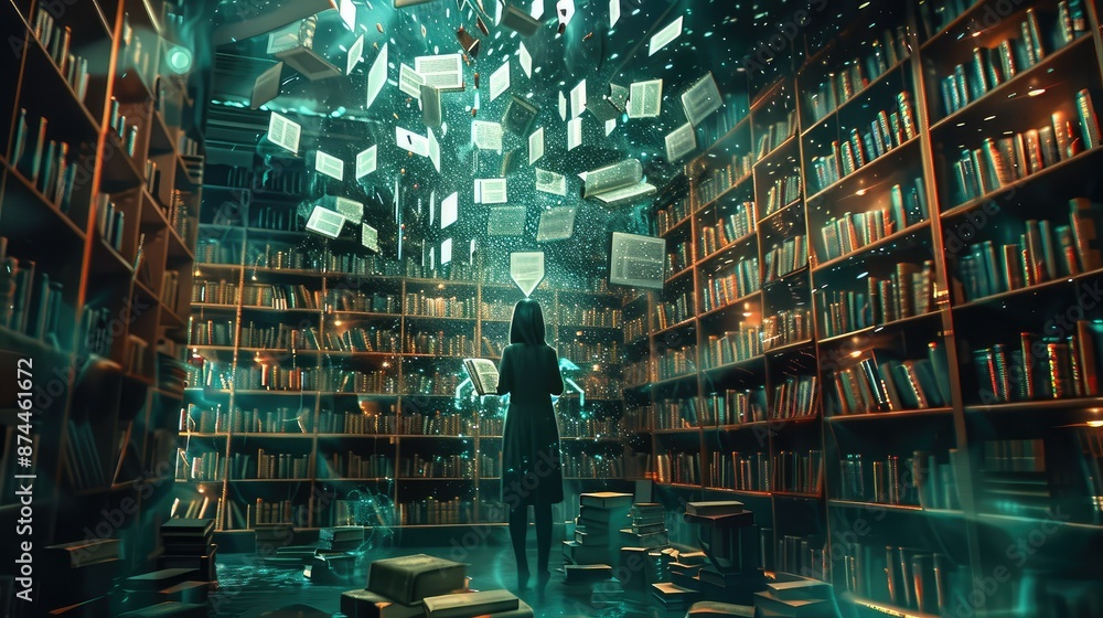 Poster digital library with floating books and holograms