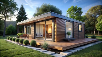 Fototapeta premium Modern Prefab Home with Large Glass Windows and Wooden Exterior in a Beautiful Natural Setting