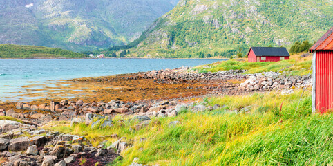 Panoramic view of traditional red fishing huts along a rocky shore with lush green mountains and clear coastal waters. Lofoten islands , Norway