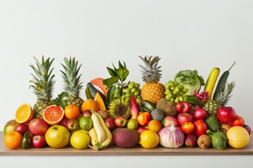 A colorful arrangement of exotic fruits and vegetables on a rustic wooden table, perfect for a summer gathering. The vibrant colors and varied textures create a visually appealing display.