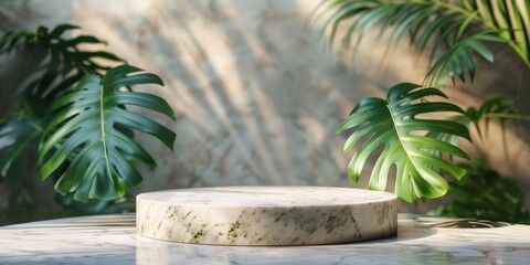 A marble pedestal set in a sunlit tropical-themed room with lush green plants, creating a serene and elegant atmosphere.