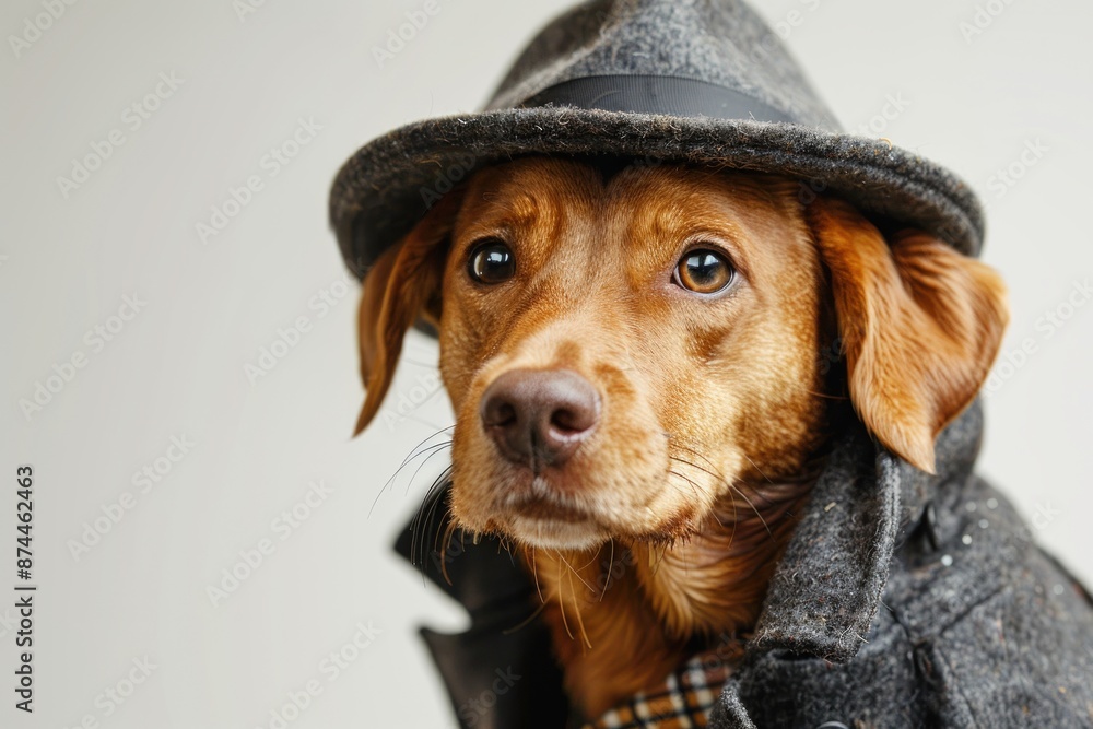 Wall mural Happy Dog wearing Detective costumes, studio lighting, isolated on white background, stock photographic style