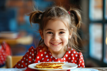 Little happy girl child wearing red polka dot dress and smiling while eating pancake