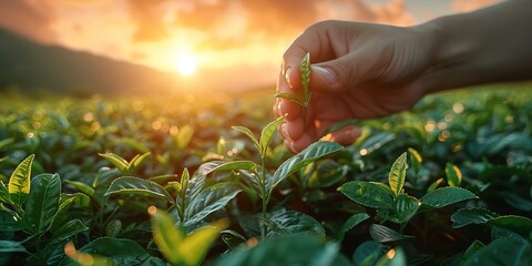 Fototapeta premium green tea leaf in hand on background of mountains. Harvesting tea by farmer hand