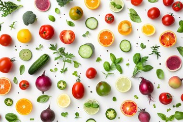 Colorful array of tropical vegetables arranged in a beautiful pattern on a clean white background. 