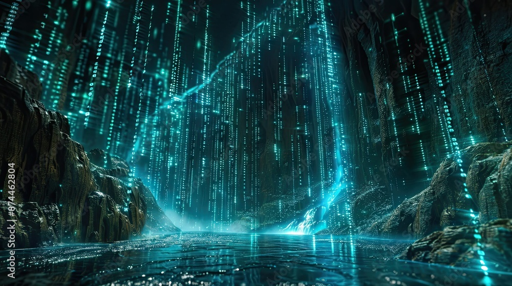 Poster Digital landscape with flowing binary code streams