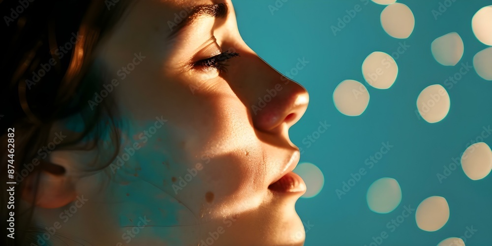 Poster womans profile with digital light patterns symbolizing technologyhuman interaction. concept technolo