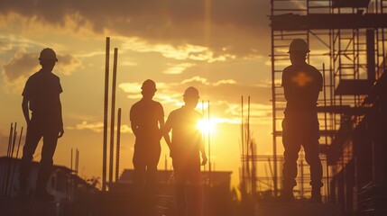 Engineer and team working at construction site during sunset.