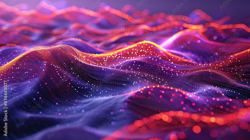 Poster Digital landscape with flowing binary code streams
