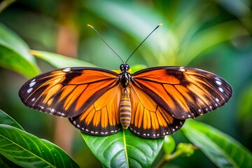 Naklejka premium Delicate orange and black butterfly perches on a lush green leaf, its intricate wings spread wide, showcasing nature's beauty in a serene forest setting.