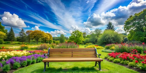 Obraz premium Serene empty wooden bench awaits in lush green park surrounded by vibrant flowers and towering trees under a clear blue sky with scattered clouds.