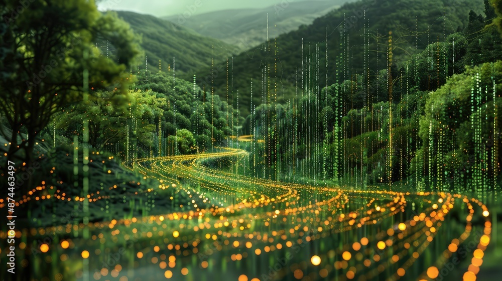 Poster Digital landscape with flowing binary code streams