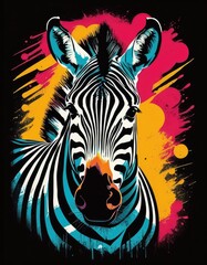 Graphic design featuring a zebra head with a colorful and abstract twist