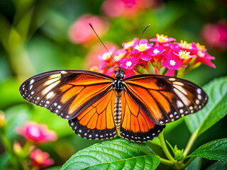 Fototapeta premium Delicate orange and black butterfly perched on a vibrant pink flower, its wings gently folded, surrounded by lush green leaves and delicate flower petals.