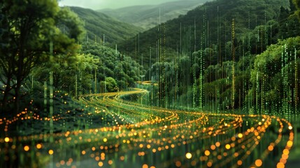 Digital landscape with flowing binary code streams
