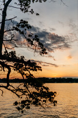 Beautiful sky and lake at sunset. Beautiful orange and blue sky at dawn. Lake Bowen Anchor Park, Inman, SC, USA 