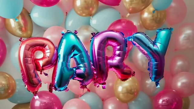 A vibrant arrangement of balloons with metallic letters spelling 'PARTY.' Background includes a mix of blue, pink, gold, and red balloons. Festive atmosphere for celebrations.