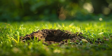 A freshly dug hole in a vibrant green lawn, with sunlight highlighting the surrounding grass and creating a natural setting.