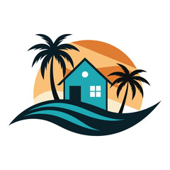 vector logo for a real estate company specializing in coastal properties. Feature a beach house with palm trees and waves