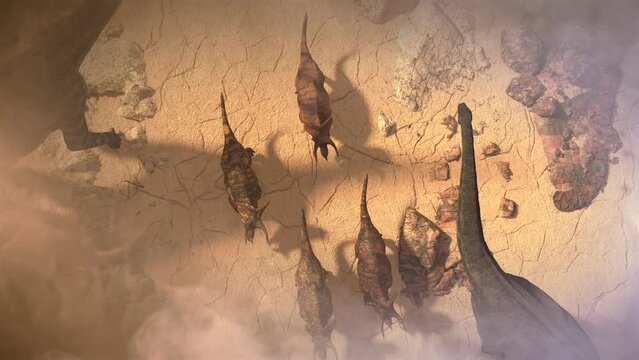 a flock of dinosaurs is walking through the desert top view 3d render
