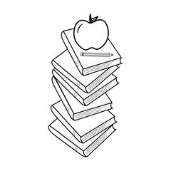 Illustration Outline Stacked School Books, Pencil & Apple Transparent Vector Clipart Image, Educational, Kids, Children, Students