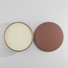 A bird's-eye view showcases a reddish-brown candle tin on a light background. The lid lies separate, revealing an unlit cream-colored candle with a single wick. This minimalist presentation highlights