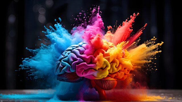 Vivid brain with colorful powder explosion against dark background. Brain exploding with knowledge and creativity. Generative AI