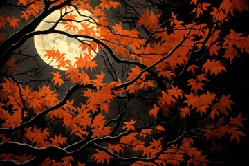 Stunning view of a full moon shining through vibrant autumn maple leaves at night