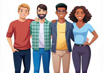 Obraz premium Group of 4 friends, diverse friendship. LGBTQ+. College, teamwork, and family. Illustrator cartoon. Standing post. Clear background. AI Generative.