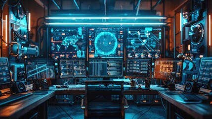 Desk setup with futuristic gadgets and digital screens