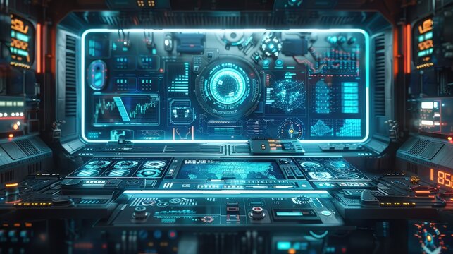 Desk setup with futuristic gadgets and digital screens