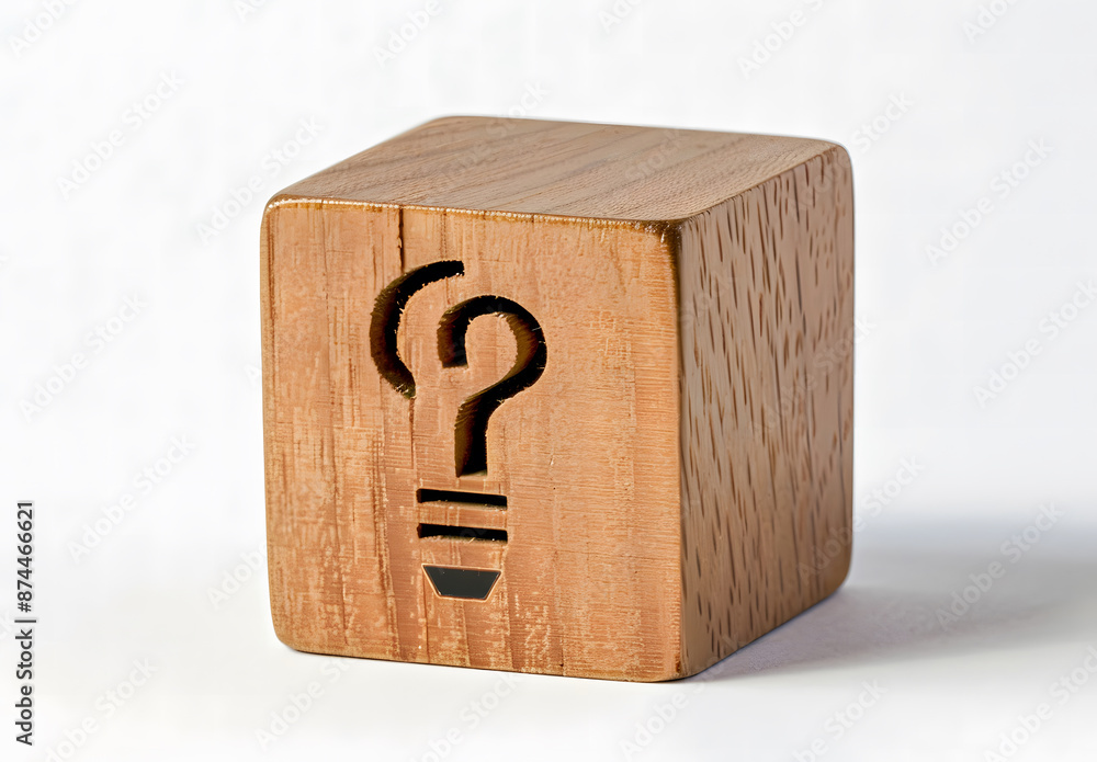 Poster wooden block with a question mark and light bulb icon. for faq. problem and solution. quiz, test, su
