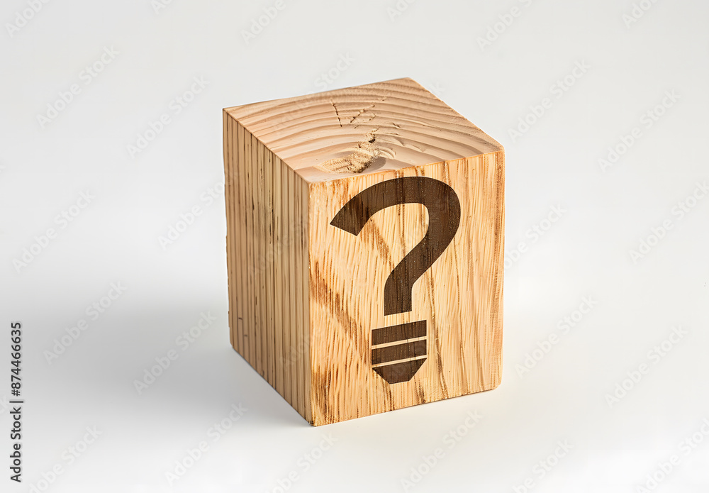 Poster wooden block with a question mark and light bulb icon. for faq. problem and solution. quiz, test, su